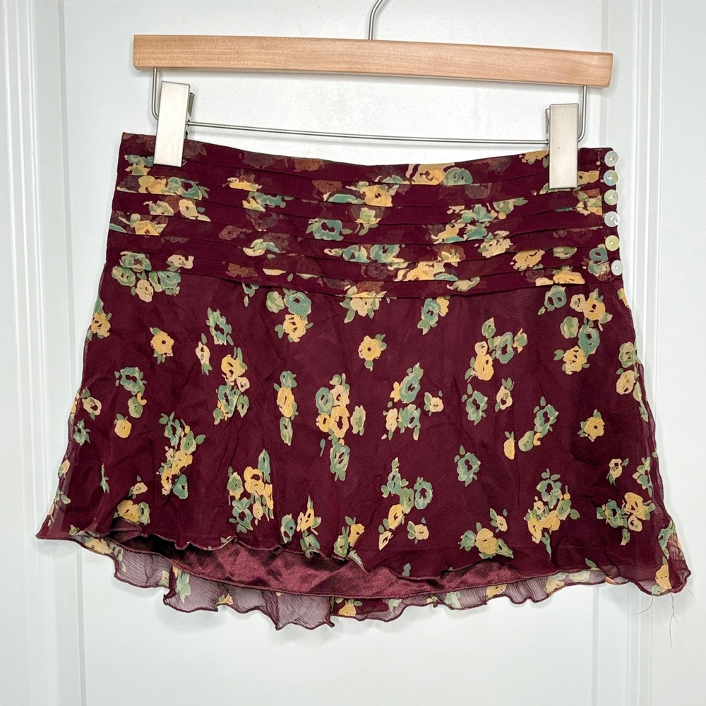 NWT Vintage Y2K HOLLISTER Floral Silk Mini Skirt Burgundy Coquette Fairy Size 1